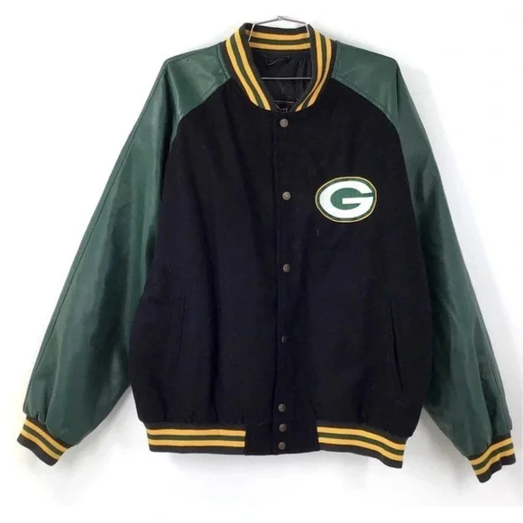 GUC NFL Men’s Black and Green Leather Sleeves Varsity Jacket - Sz XL - Picture 1 of 6